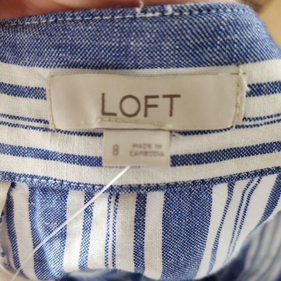 Loft Wrap Tie Knee Length Skirt Rayon Linen Blue White Striped Women's Size 8 - Picture 11 of 13